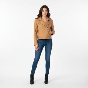 NWT LOVE TREE Womens Small Tan Faux Suede Moto Cropped Jacket Adjustable Hem